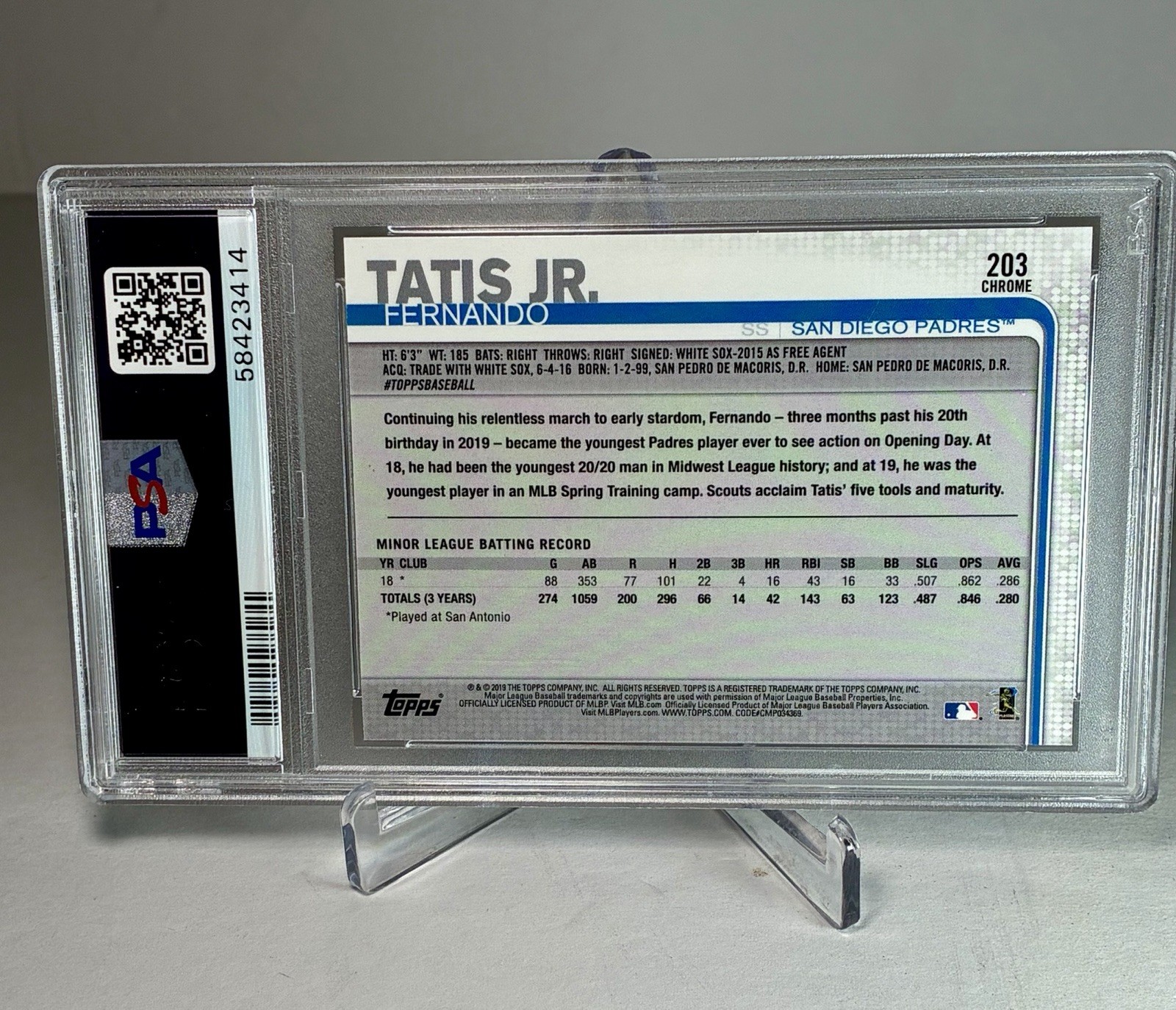 Fernando Tatis, Jr. 2019 Topps Chrome Rookie Card #203- PSA Graded 10 Gem Mint view 5