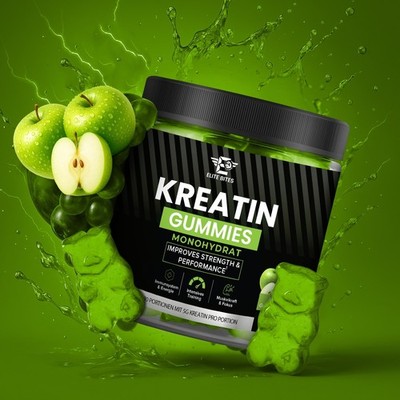 Elite Bites Kreatin Gummies, Apfel Geschmack, 120 Gummibärchen,30 Tage Vorat
