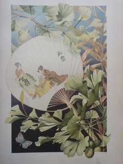 GINKGO und Geishas im Fächer. Lithographie 1886 Die Pflanze Jugendstil. Patek