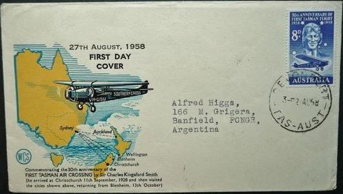 FIRST AIR CROSSING OVER TASMAN SEA 30th ANNIV. 27 AUG 1958 FDC TO ARGENTINA