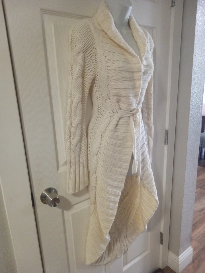 Bebe Winter White Cable Knit Sweater Jacket Shawl Collar Tie Front Duster XS - Image 2 of 4