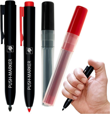 Push-Marker Set mit 2x Nachfüller | Permanent Marker schwarz & rot | Markierstif