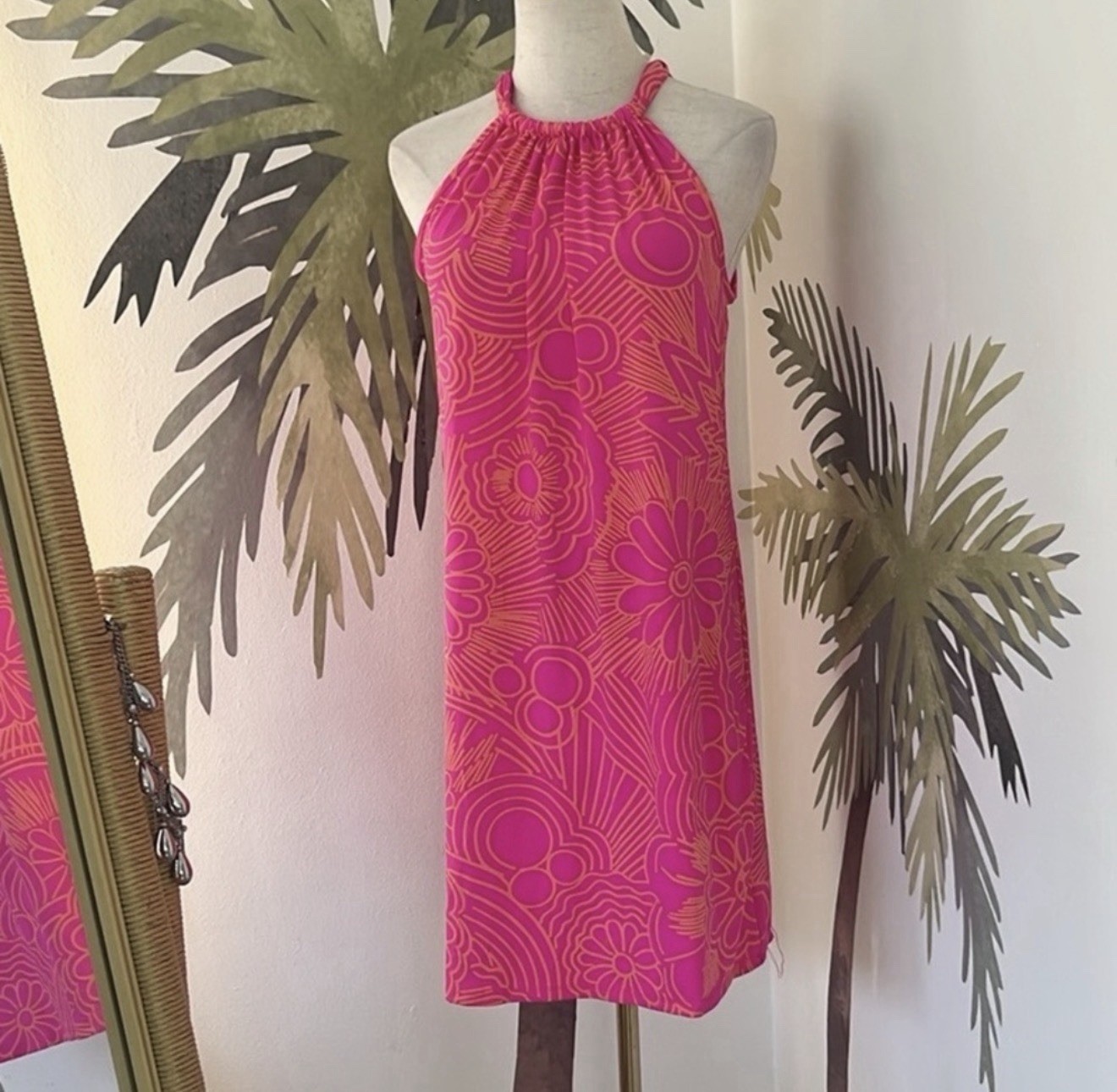Trina By Trina Turk Juju Shift Mini Dress Sz Small Coral Multi Print Halter Neck