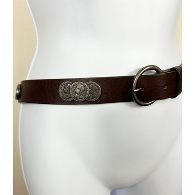 Tosca Blu Leather Coin Belt Womens M Brown Silver Medallion Italy Indie Sleek