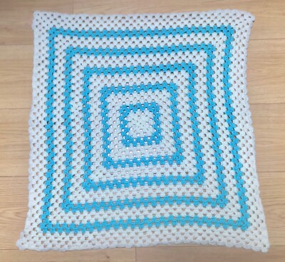 Vintage handgestrickt Zitronengelb Blau Geometrisch Wolle Überwurf Oma Decke 68sq