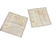 Vtg Embroidered Floral Linen Throw Pillow Cover Set With Scalloped Edges READ
