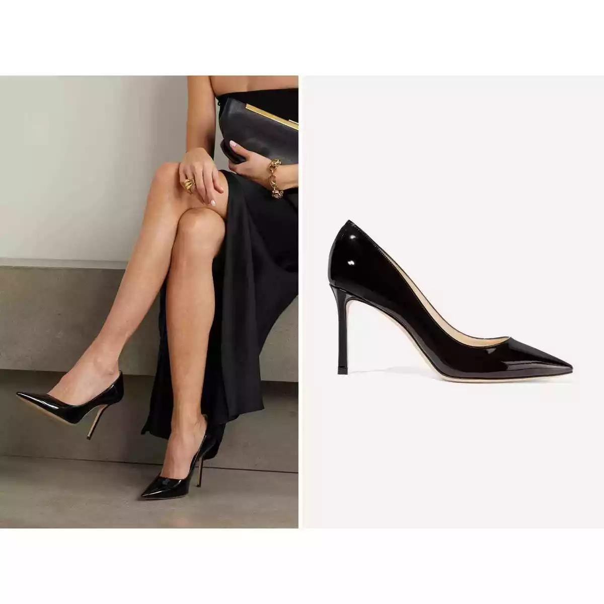 Black Patent Leather Pointy Toe Pumps, Romy 85