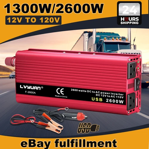 Car 1300W DC 12V to AC 110V 120V Power Inverter Converter 2AC USB Trip Red