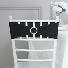 5 BLACK Spandex CHAIR SASHES Silver Diamond Ring Buckle Party Events