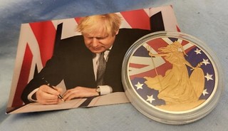 Brexit Gold Silver Coin Britannia Boris Johnson Autograph Card Flags Map Retro
