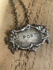 Solid Silver 925 Port Wine Bottle Label Decanter Tag with Chain,Grape Vine 1966