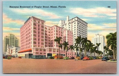 Vintage Biscayne Blvd at Flagler St Miami FL Linen Postcard