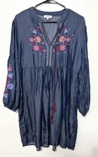 Umgee Dress Womens Large Blue Embroidered Boho Peasant Tassel Tencel Flowy L