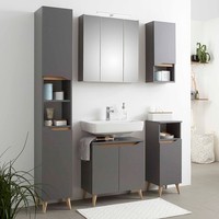 Badezimmer Set Spiegelschrank Waschbeckenunterschrank Hochschrank Grau Eiche