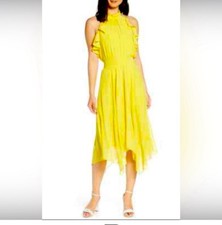 Eliza J Yellow Swiss Dot Ruffle Dress, Halter, Kerchief Hem, Size 0