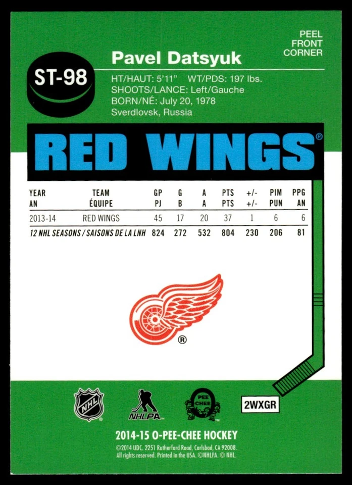 2014-15 O-Pee-Chee Stickers Pavel Datsyuk Detroit Red Wings #ST-98 - Image 2 of 2