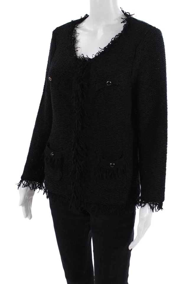 Chaqueta tejida con flecos delanteros de gancho Berek para mujer negra de algodón talla mediana Foto 2 de 4
