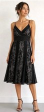 Ann Taylor LOFT Black Lace Overlay Midi Cocktail Dress V-Neck - Size 12 