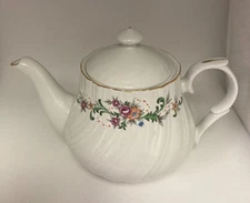 Lynn’s Fine China Floral Teapot with Lid – White/Gold Trim, 7” Tall, 8.5” Wide
