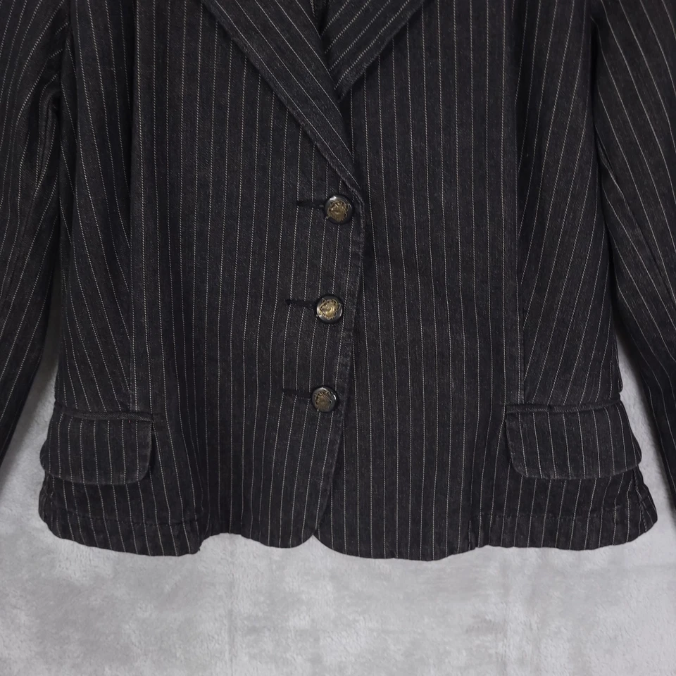 Vintage Ralph Lauren Denim Jacket Women Sz M Black Fitted Buttons Y2K Pinstripe - Image 2 of 4