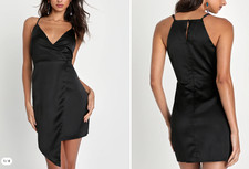 NWT LULUS What a Stunner Women's S Black Satin Asymmetrical Mini Dress