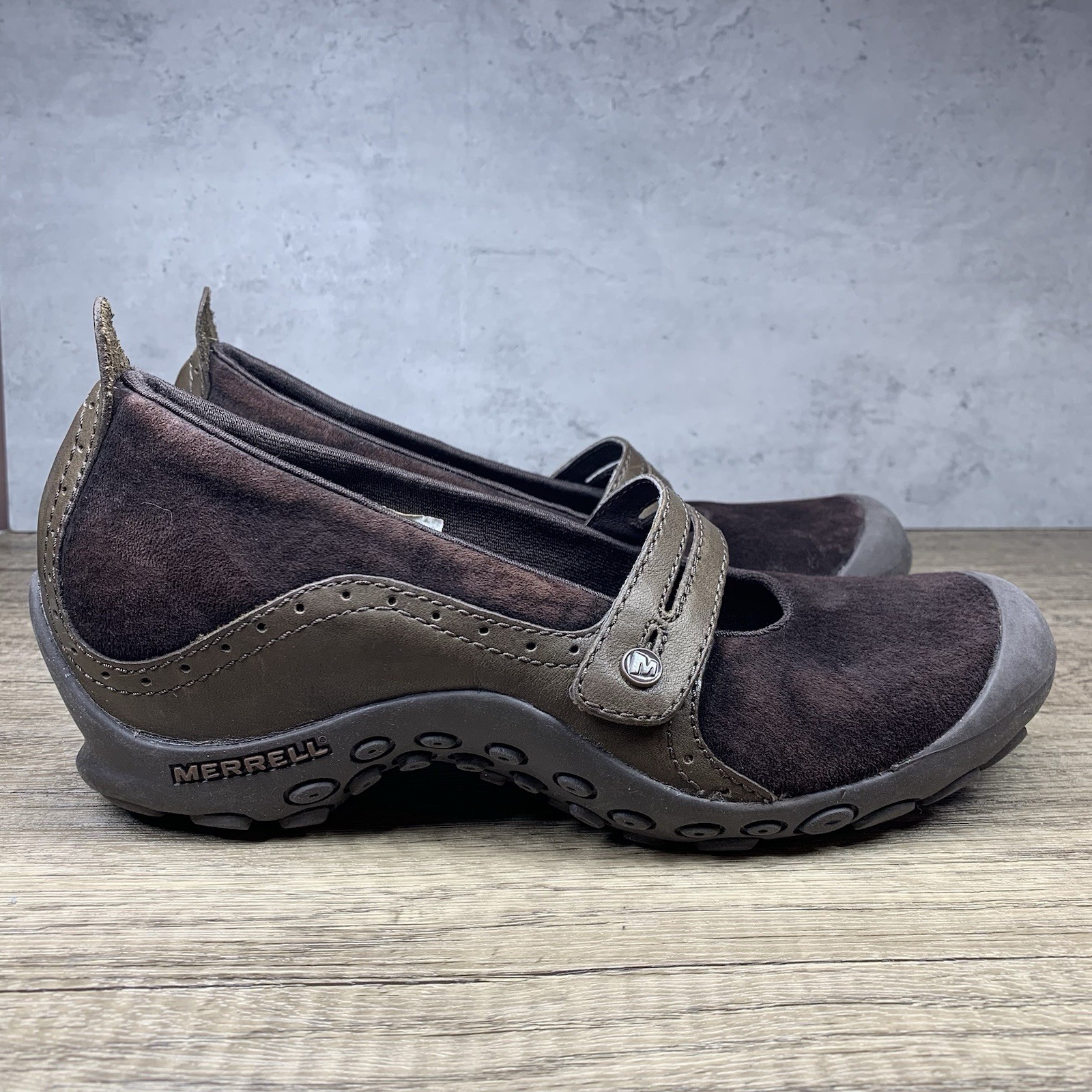 Scarpe Mary Jane Merrell~donna~Plaza Bandeau in pelle marrone camoscio~taglia 9 5