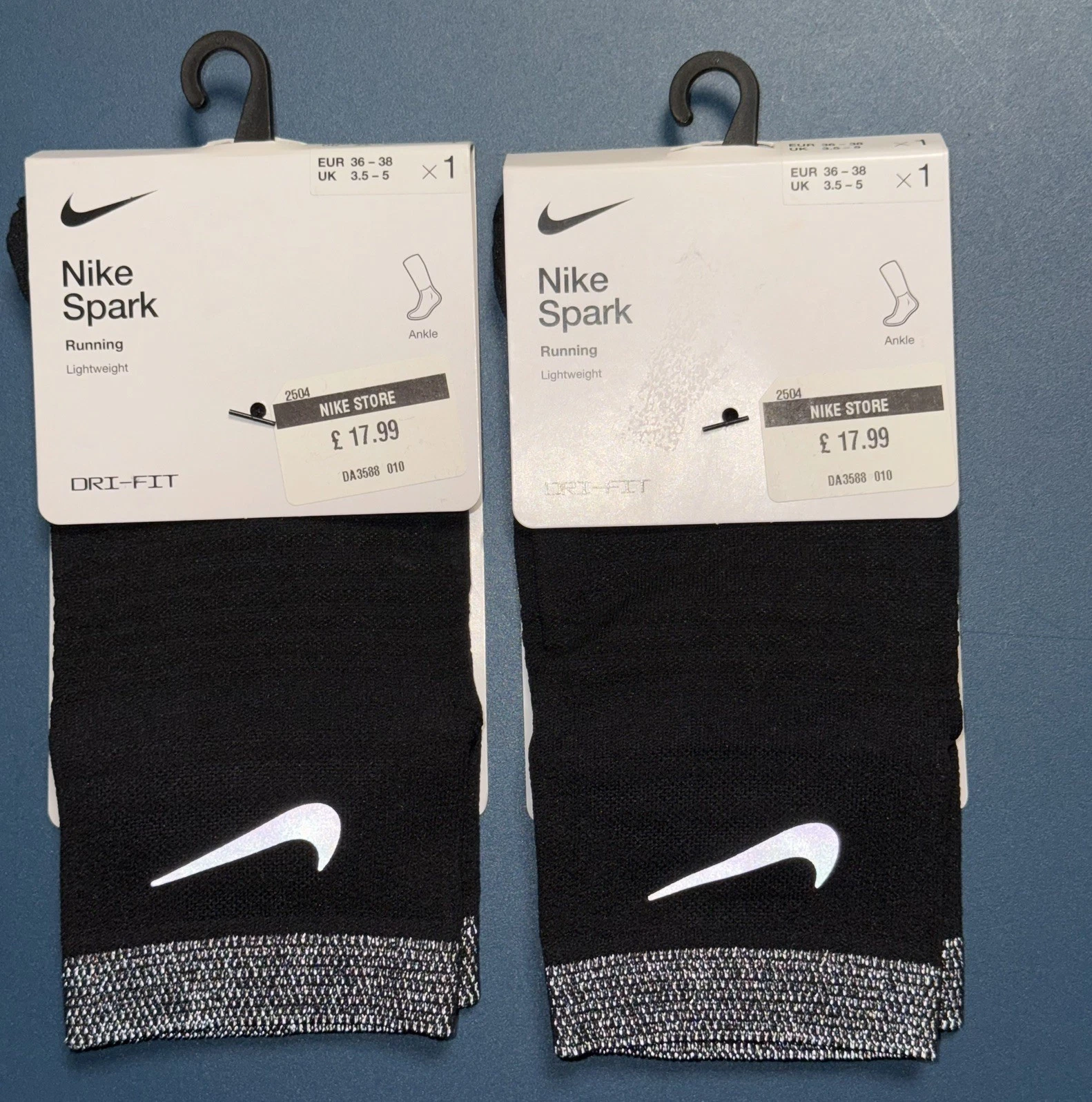 2 Pack Nike Spark Training Gym Lightweight Ankle Black Running Socks UK 3.5 - 5