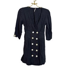 Free People Mini Dress Black Button Front 3/4 Sleeve Bohemian Casual