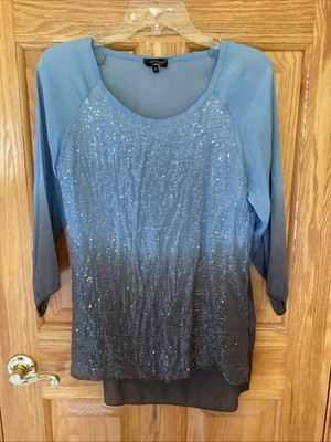 H TREND Women s Size XS Blue / Gray 3/4 Sleeve Sequined Top CW1-730L
