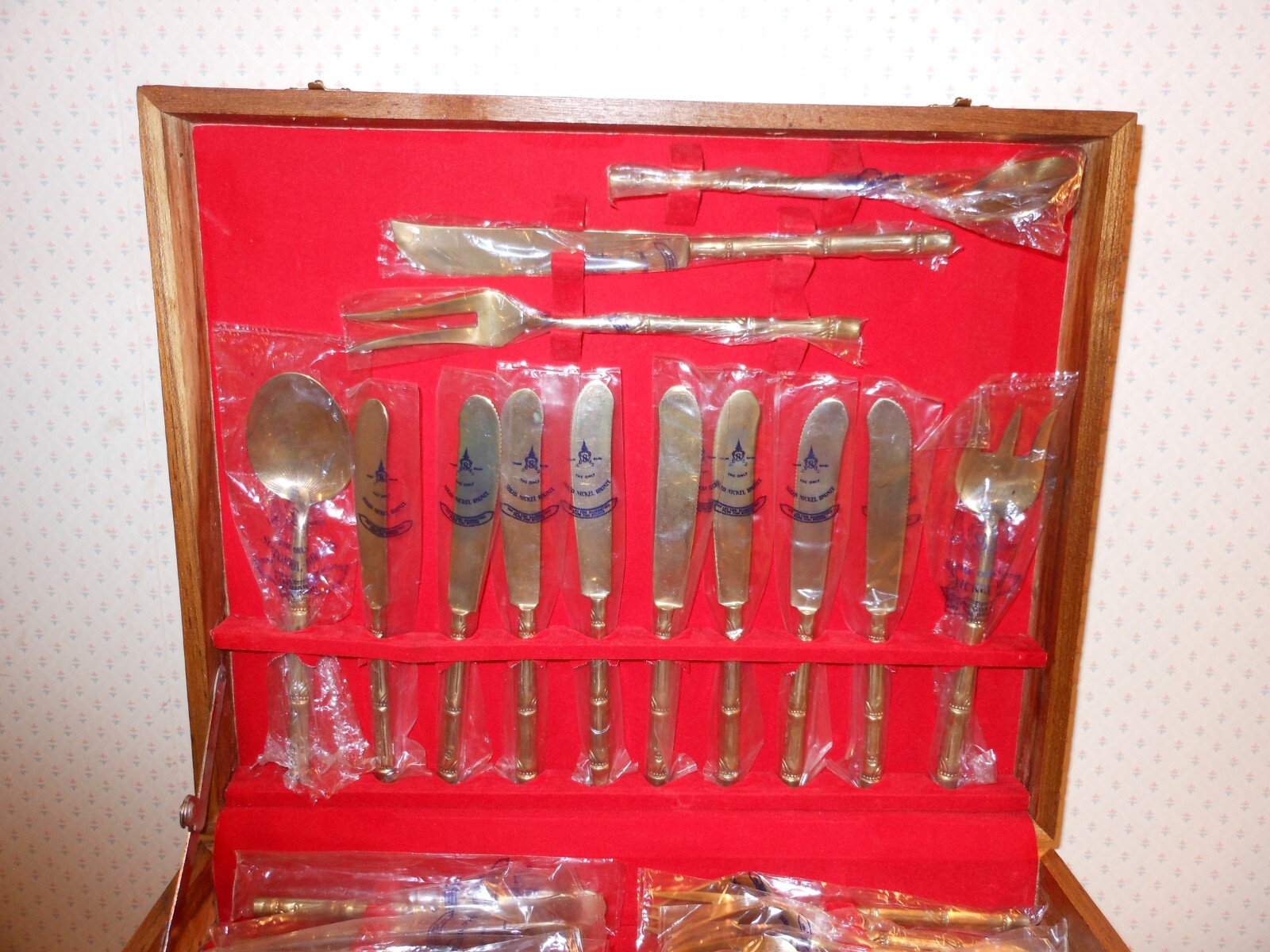 Vintage 52 Pieces Flatware Set THAI Nickel Bronze Wood Case Bronzeware