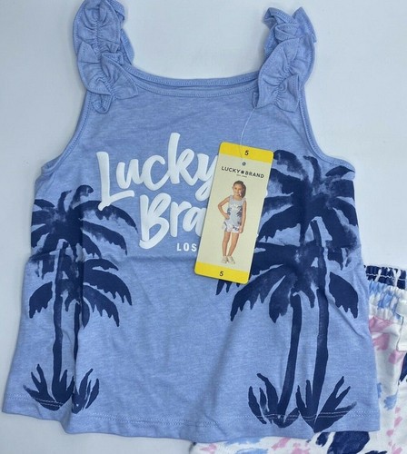 Girls Size 5 Lucky Brand 2-Piece Short Set Summer Outfit Palm Trees Blue White - Picture 2 of 5
