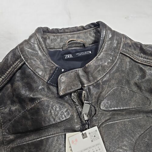 NEW ZARA LEATHER GRAY DISTRESSED PADDED BIKER MOTO MOTORCYCLE JACKET - Picture 2 of 4