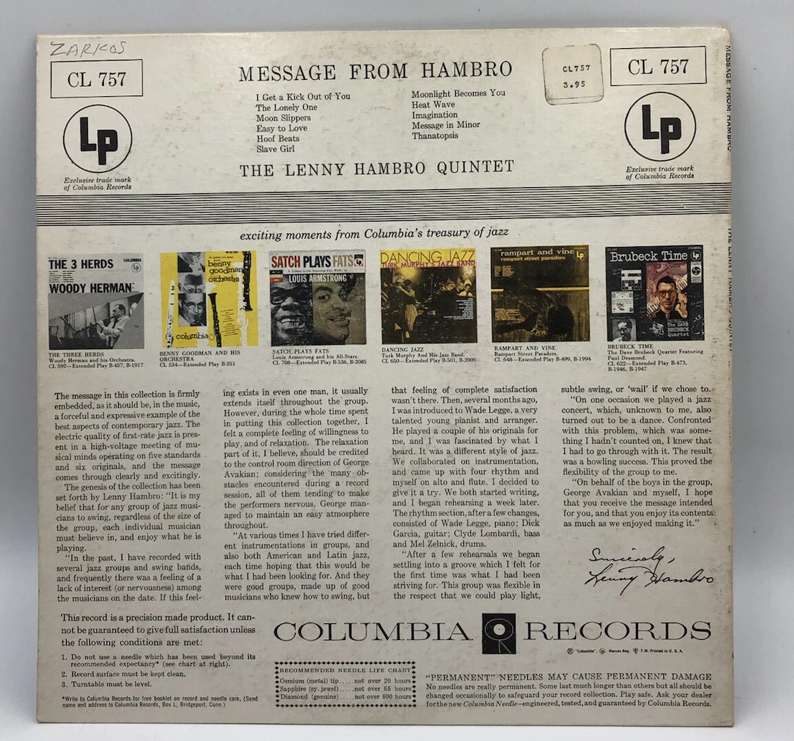 Lenny Hambro Quintet-Message From Hambro-Columbia 757-MONO 6-EYE LP