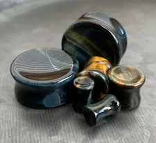 PAIR Concave Blue Tiger Eye Stone Plugs Natural Tunnel Organic Gauges