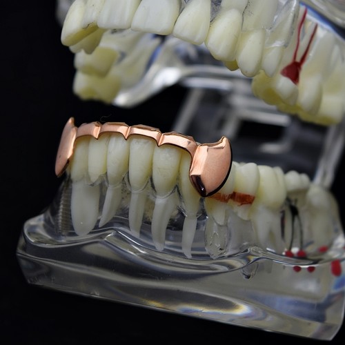 Colmillos de vampiro media parrilla enchapados en oro rosa de 14 k barra inferior delgada colmillo inferior dientes - Imagen 2 de 7