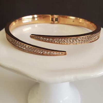Michael Kors Rose Gold Hinged Bangle with Clear Crystals Wrap Cuff Bracelet 