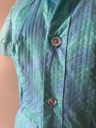 Vintage 50s Blue Green Watercolor Day Dress with Crystal Buttons Small w Pockets - Picture 4 of 7