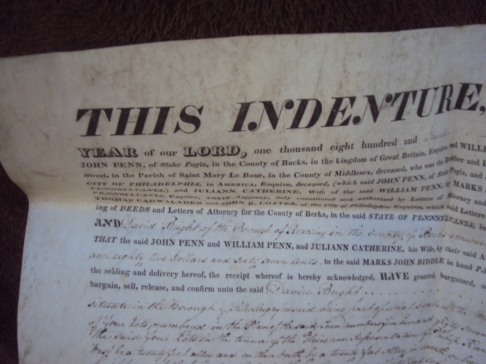 Vellum Deed Reading Berks PA Penn Family to David Bright 1818 Marks