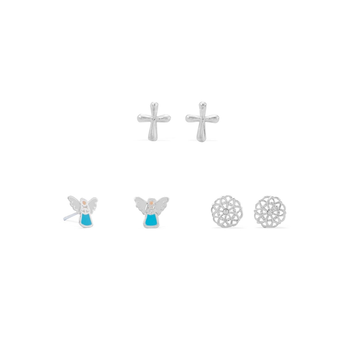 Crosses, Angels, and Flowers Small Stud Earring Set of Three Sterling Silver Crosses, Angels, and Flowers Small Stud Earring Set of Three Sterling Silver