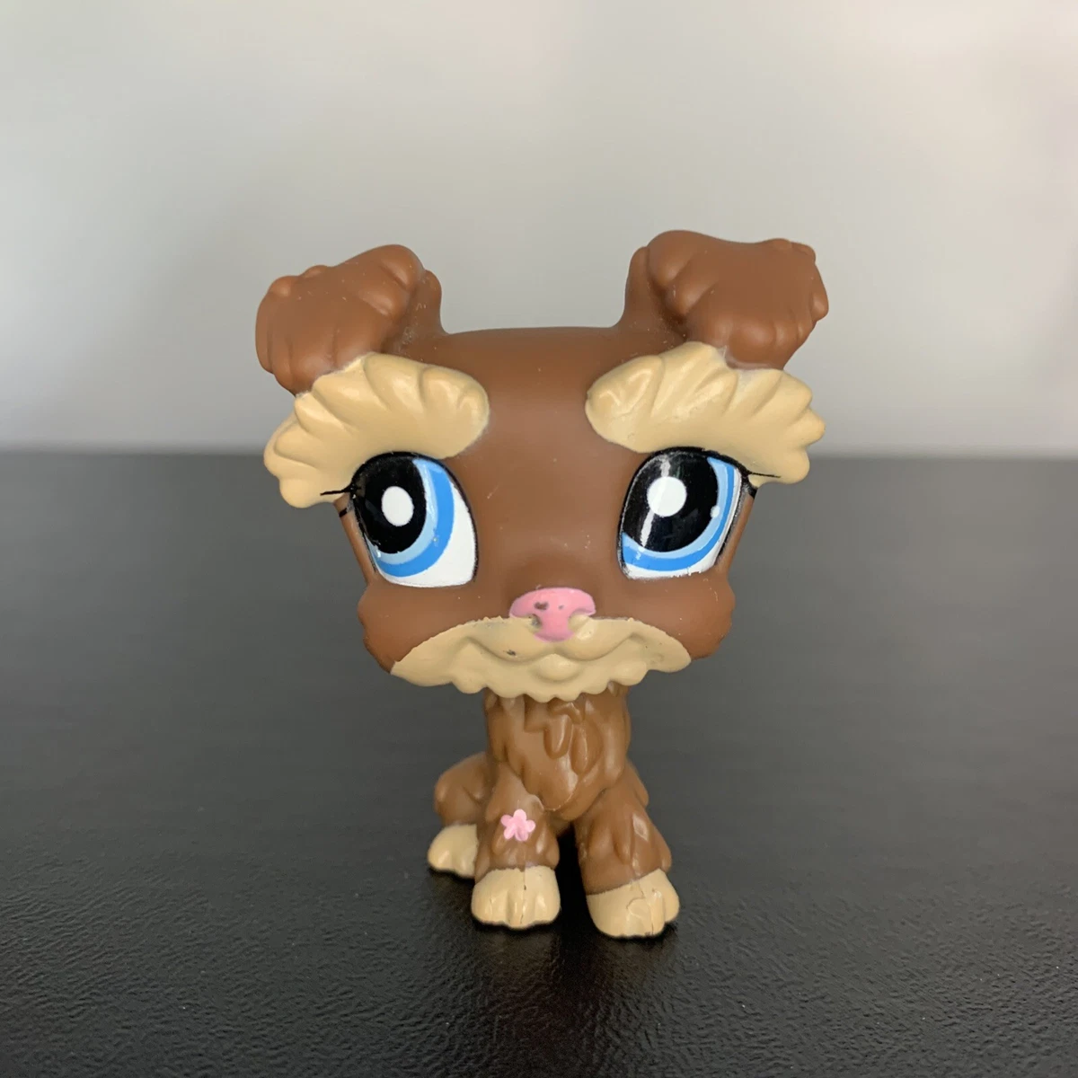 Littlest Pet Shop 2270 Schnauzer Dog Brown Tan Blue Eyes LPS Pink