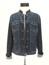 Paige Jacket Premium Denim Blue Fairfax Moto Collar Womens W Brown Insets M $299