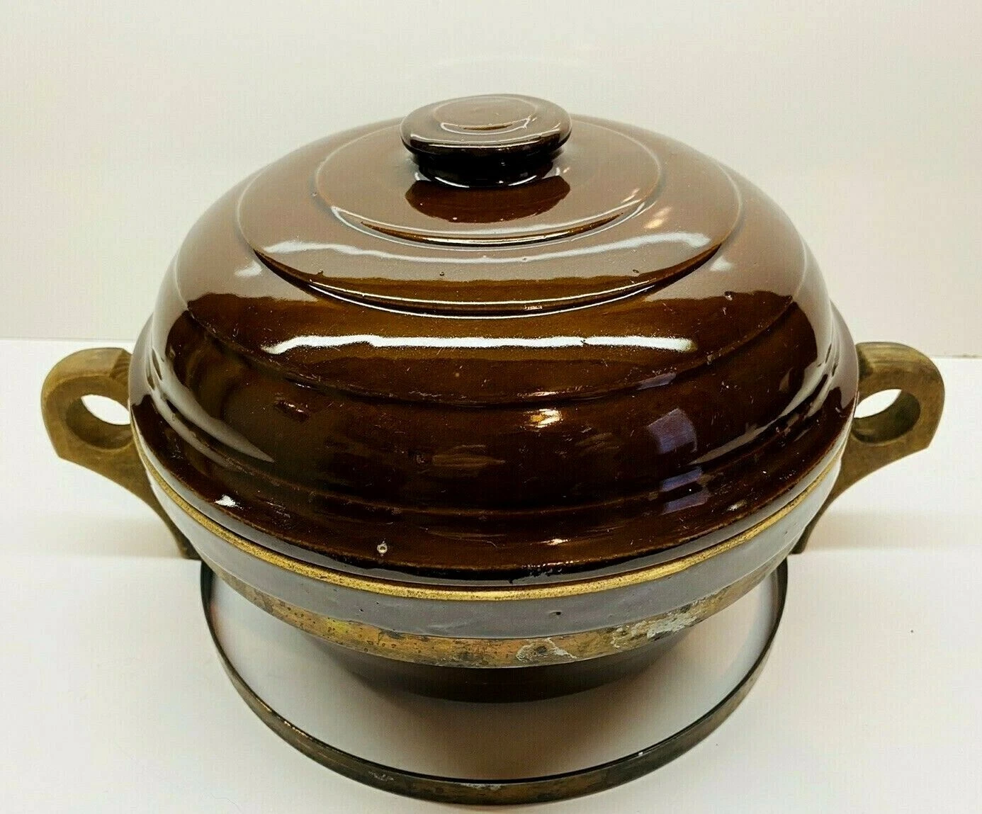 Vintage Stoneware Pottery Dutch Oven With Wood Handles & Copper Carrier USA