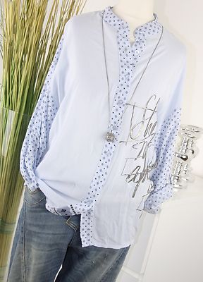 ITALY MODA Tunika PAISLEY Hemd ORNAMENT Schrift Bluse AZUR Blau Shirt M L 38 40 