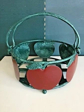 VTG Metal Basket With Handles & Feet RED Apple Design Kitchen Decor Verdigris