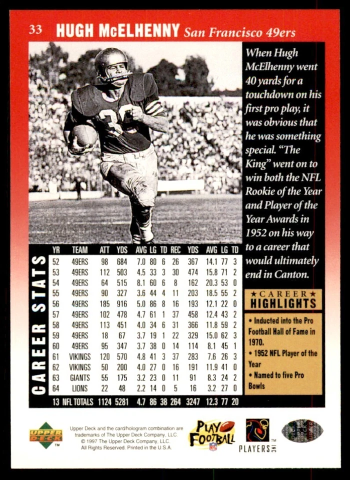 1997 Upper Deck Legends Hugh McElhenny Football Cards #33 - Image 2 of 2