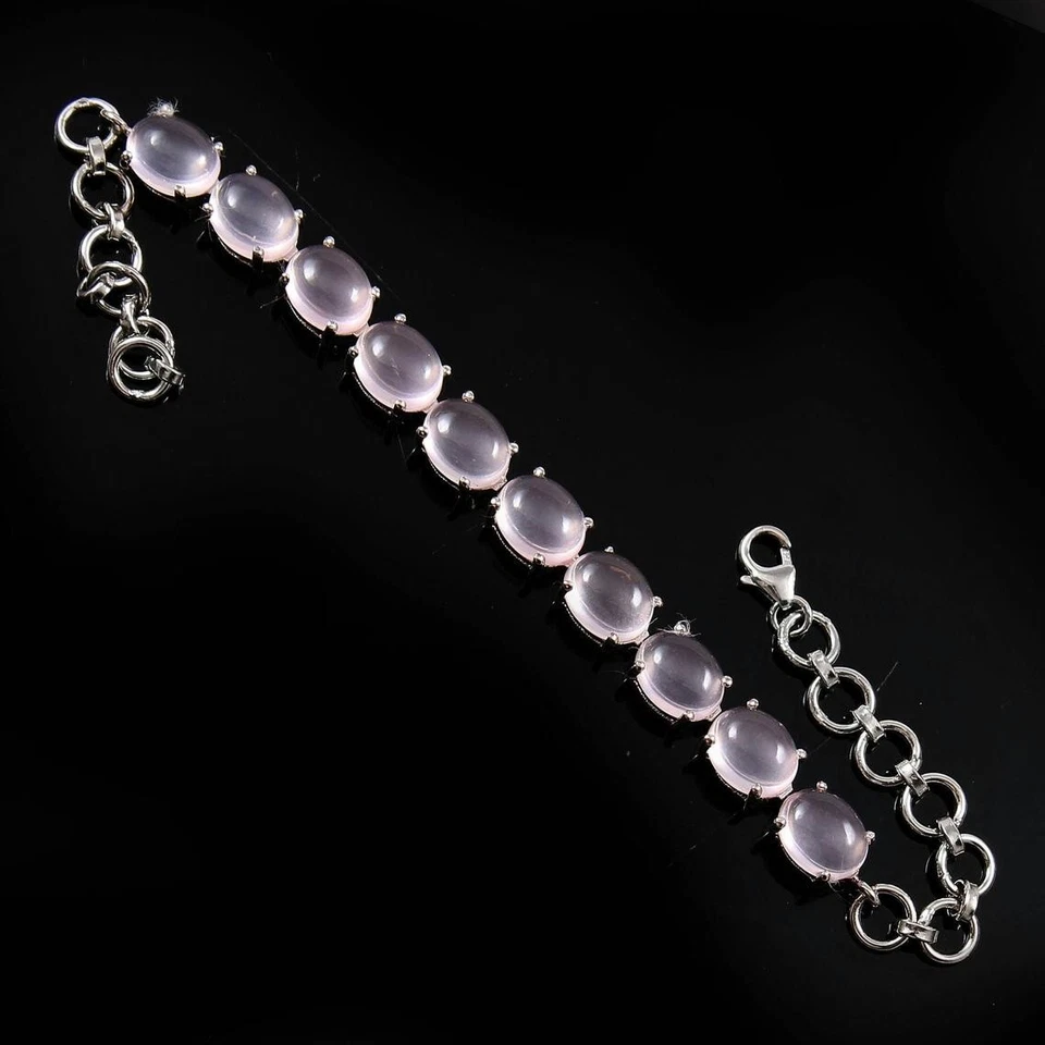 Brazalete Tenis Plata de Ley 925 Piedras Preciosas Ovaladas Cuarzo Rosa Regalo Cumpleaños Foto 3 de 4