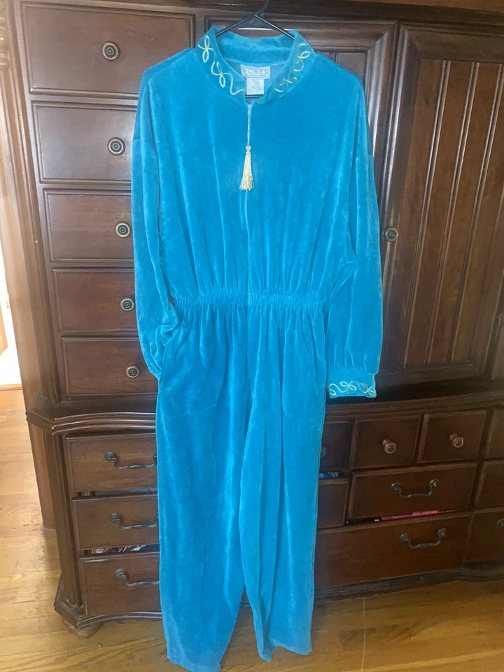 Mono vintage Mid Century moderno años 70 batas de CA talla mediana verde azulado dorado Foto 3 de 4