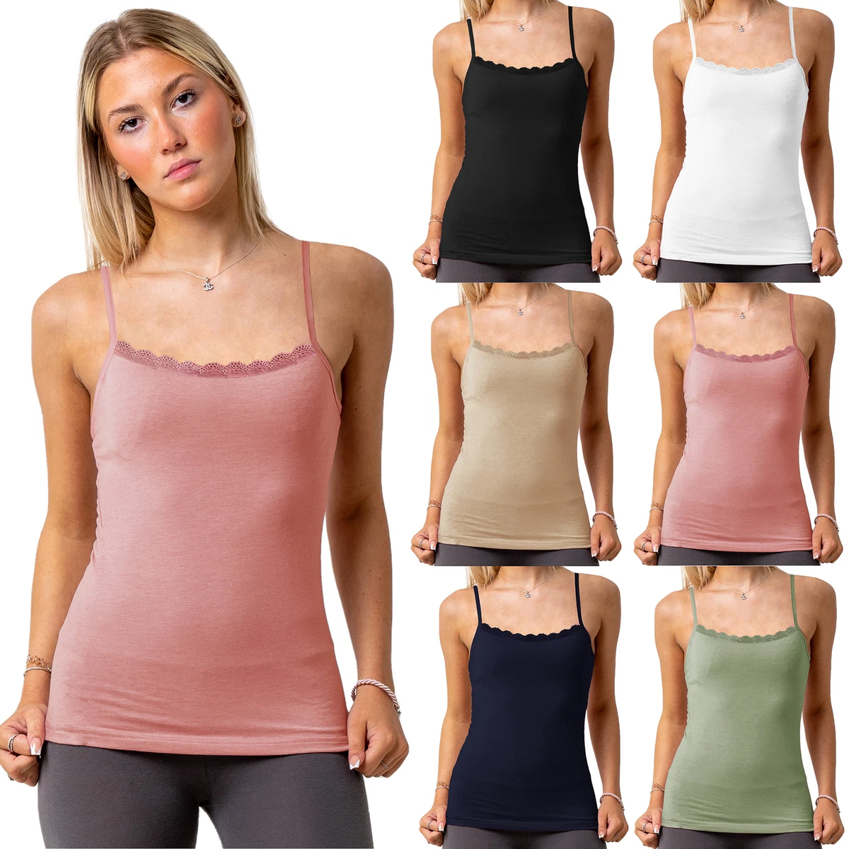 Ladies Vest Top Cami Lace Strappy Full Length Cotton Rich Stretch Size 8-22