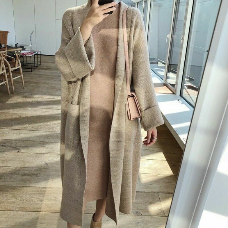 Women Oversize Knit Sweater Cardigan Herringbone Coat Open Casual