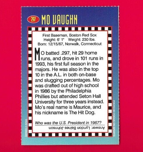 1994 SI Sports Illustrated Kids MO VAUGHN Card, Boston Red Sox Maugh #297